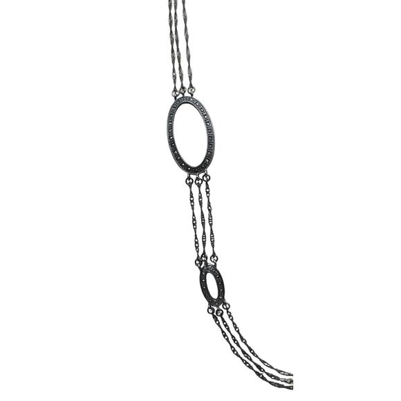 Marcasite Antique Metal Art Deco Oval Link Statement Vintage Necklace - Picture 3 of 6